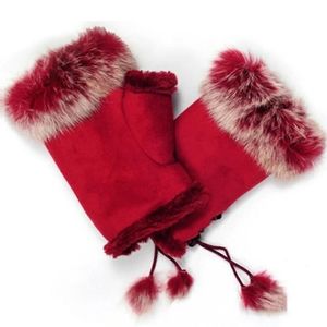 Red Faux Fur Fleece Fingerless Gloves